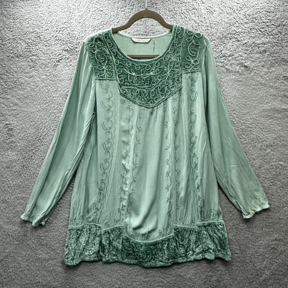 Soft Surroundings Women's Large Sage Green Embroidered Velvet Trim Tunic Top